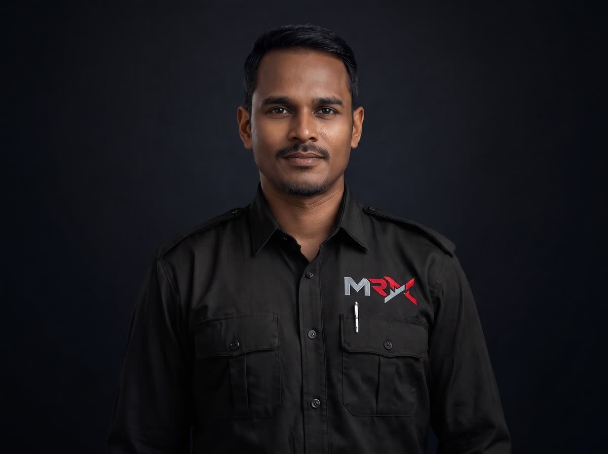 A Mr X security officer in a black uniform shirt with the red MRX logo on the chest pocket, looking directly at the camera.