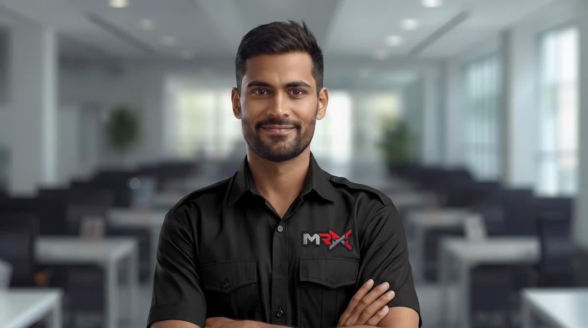 A smiling Mr X officer in uniform, arms folded, in an office.